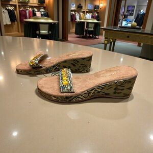 NEW, Laguna, Animal Print Wedge Slide Sandals with Amber Stones, 2” Heel, Size 9